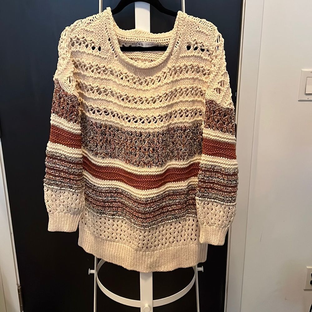 Zara oversized summer sweater - cream, copper and blue - med/large